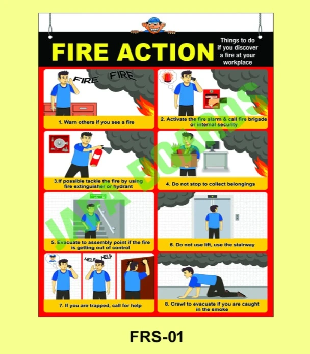 Fire safety poster showing fire prevention measures in workplace